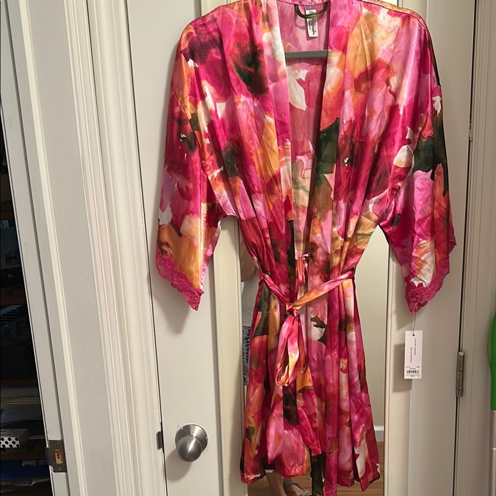 Pink and Orange Floral Satin Robe NWT